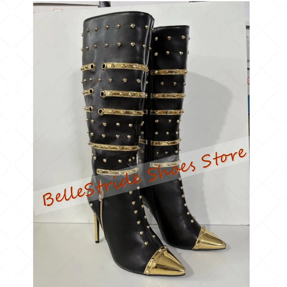 Black Rivets Side Zipper Decor Boots Pointed Toe Women Shoes Stilettos High Heels Party Banquet Dating 2025 Zapatos Para Mujere