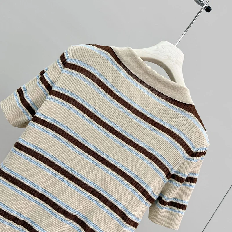

Cotton Linen Striped Lapel Knitted Cardigan Women's Short Sleeved Top