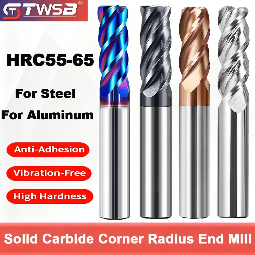 Solid Tungsten Steel Corner‑Radius End Mill HRC55‑65, 3‑4 Flute Bull‑Nose CNC Milling Cutter for Steel & Aluminum