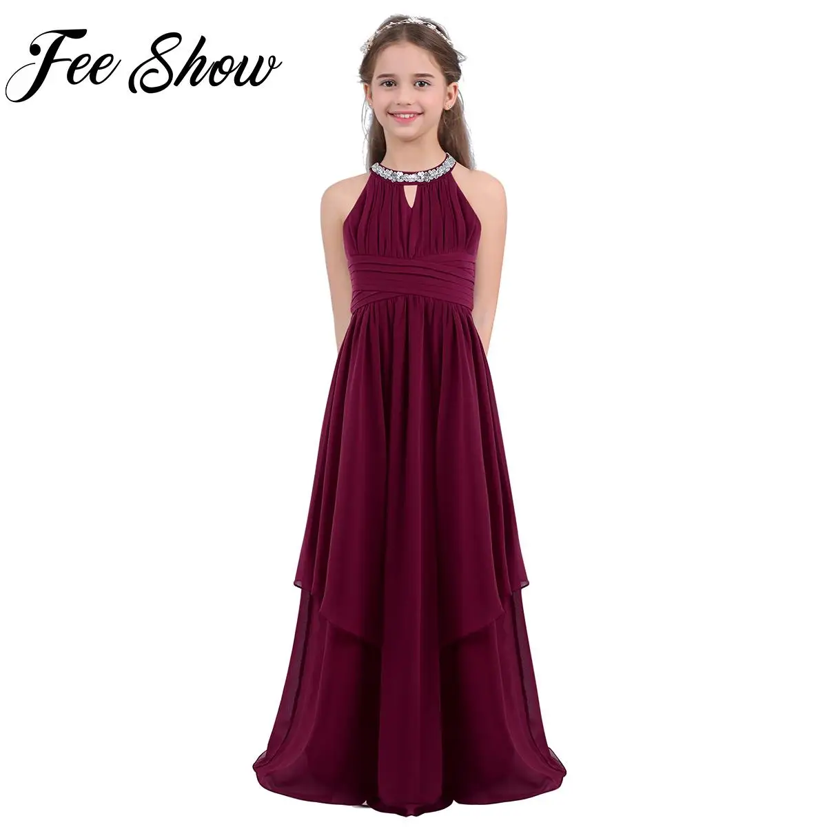 

Kids Girls Flower Girl Dress Chiffon Sleeveless Sequined Halter Princess Pageant Wedding Bridesmaid Birthday Party Dress