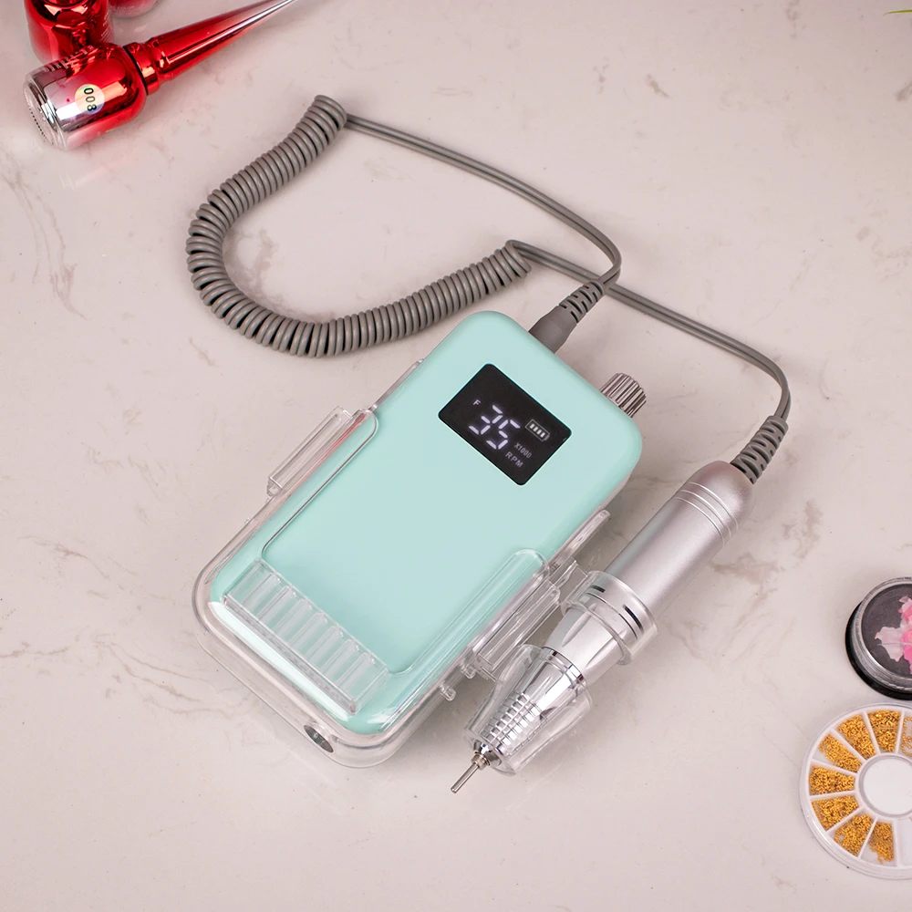 Display Screen 35000RPM Portable Nail Drill with Desktop Base Cordless Battery Drilling Machine Pink Handle Wireless 35000