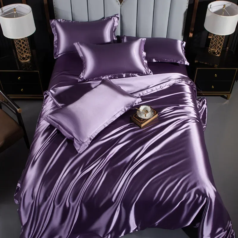 Silk Luxury Bedding Set With Bedsheet High-End Satin Bedding Sets Soft Smooth Solid Color Quilts Cover 3/4 Pcs Set