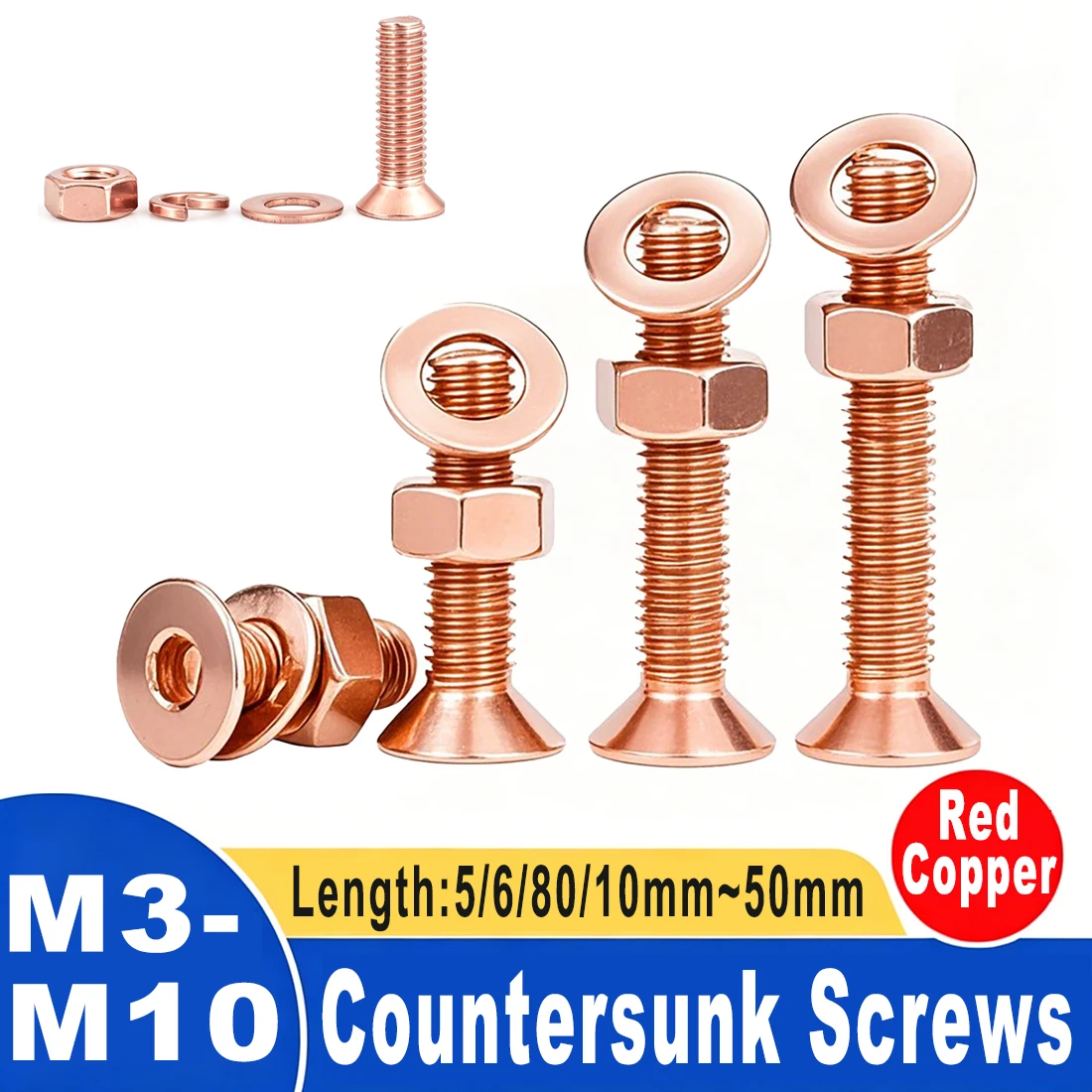 M3 M4 M5 M6 M8 M10 T2 Copper Countersunk Head Hexagon Screw Flat Head Hexagon Socket Bolt Machine Screw Hex Set Length 5mm~50mm