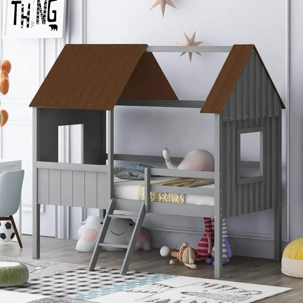 

Twin House Bed for Kids Wood Low Loft Bed Frame with Windows and Roof, Easy Assembly, for Girls Boys (Gray+Brown)