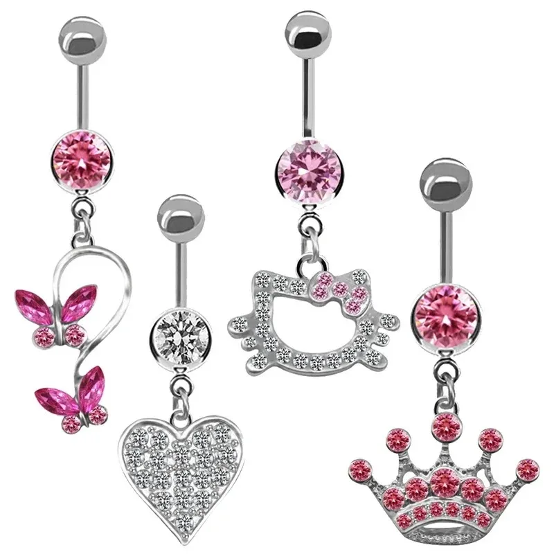 1Pc Sweet Butterfly Crown Heart Drop Belly Button Rings, Pink White Crystal Stone Dangle Navel Button Piercing Jewelry for Women