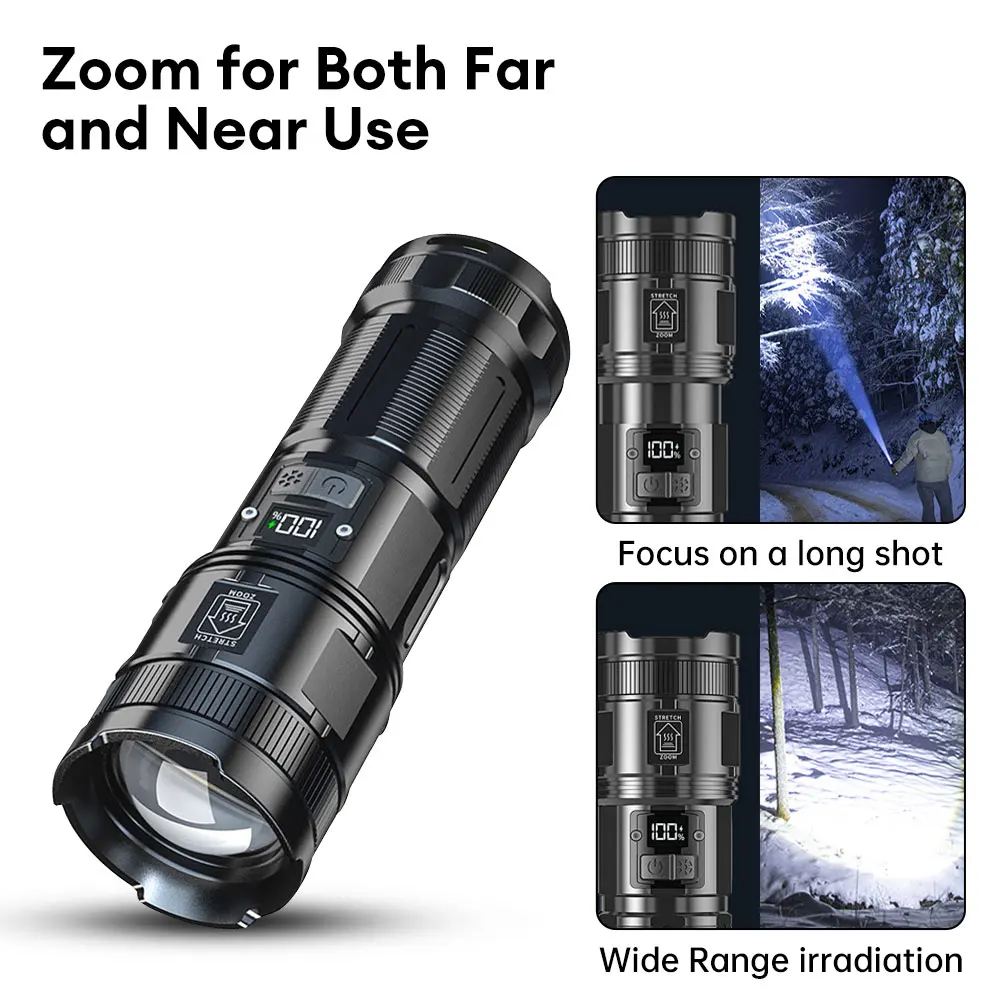 2000W High Power LED Flashlight Usb Rechargeable 9000mah Flashlight 35000LM Xhp360 Zoom Tactical Flashlight with Smart Display