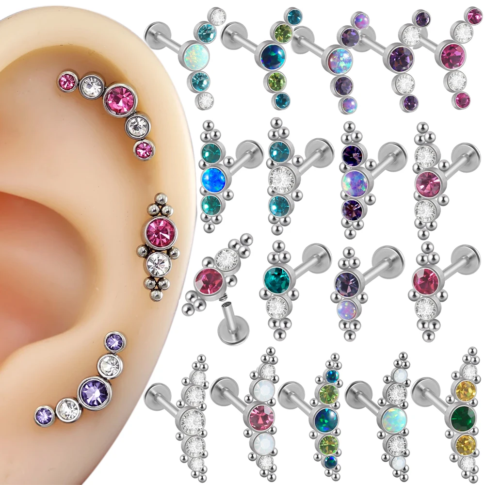 1PC Surgical Steel Internal Thread Labret Lip Ring Opal&Zircon Cluster Curved Ear Cartilage Tragus Helix Daith Piercing Jewelry