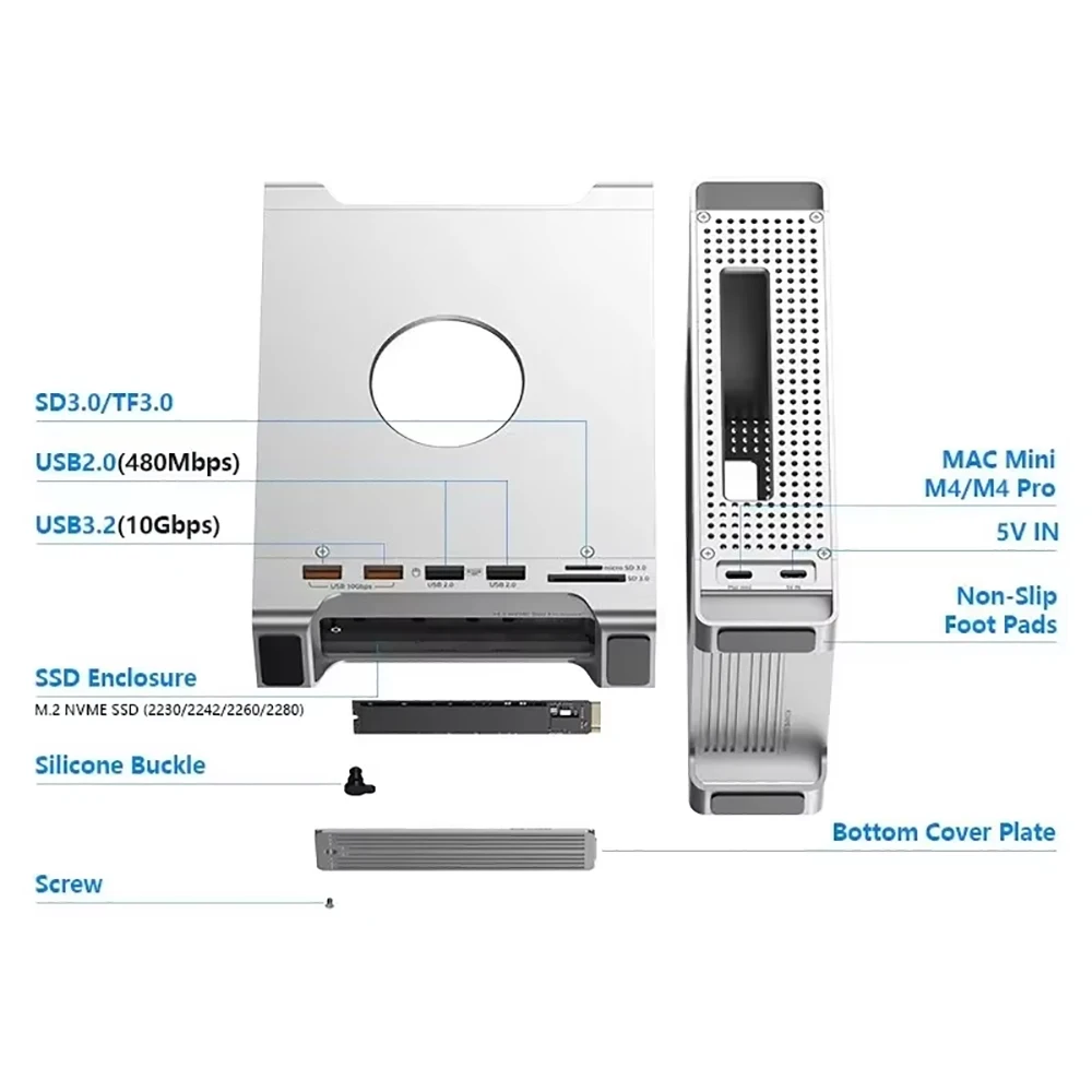 Docking station verticale per Mac Mini M4/M4 Pro con custodia per disco rigido SSD M.2 NVMe Porta SD/TF Supporto di espansione HUB per Mac Mini M4