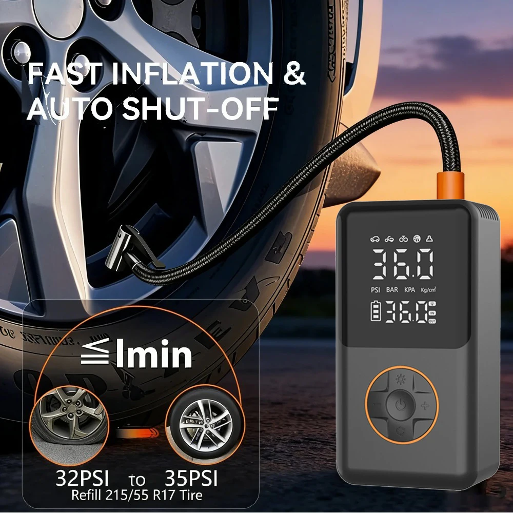 YINGBOOST Mini Bike Tire Pump 150 PSI Tire Inflator Air Compressor Cordless , Air Pump for Car with Pressure Gauge, LED Light view 2