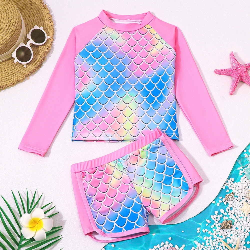 Girls Two Piece Swimsuits Set Mermaid Bathing Suit Long Sleeve Swimwear Tankini Hawaiian Beach Sport Swimming Costume