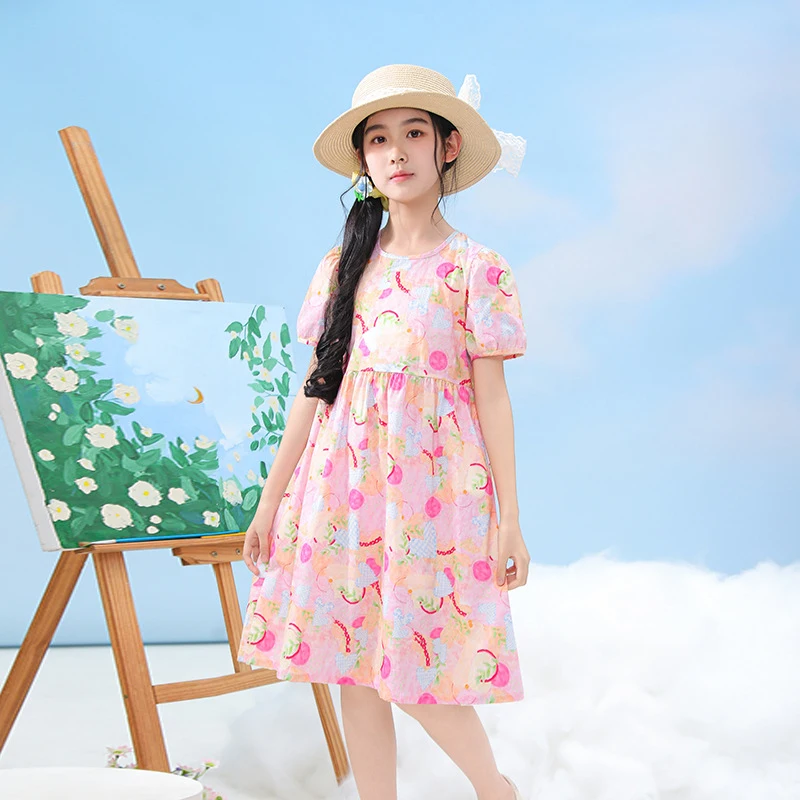 

Girls' dress, ice silk summer dress, new stylish children's clothing, little girl's floral princess dress, children's dress with