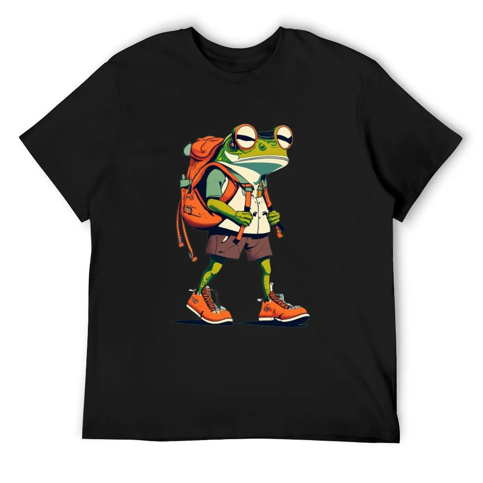 Funny Green Frog Hiking Cartoon T-Shirt blacks anime figures designer shirts oversized t shirt men