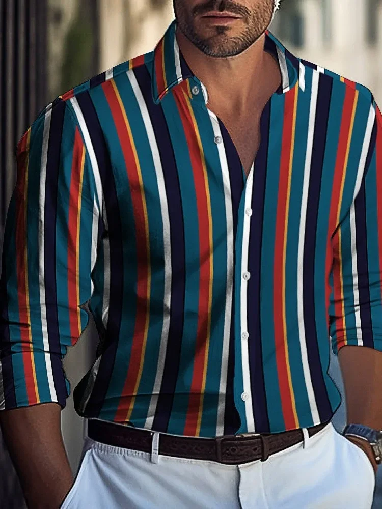 Nuova Camicia alla Moda a Righe con Colletto e Maniche Lunghe per Uomo