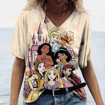 T-shirt femme imprimé manches courtes T-shirt à la mode Disney princesse haut d'été femme rue col en v haut