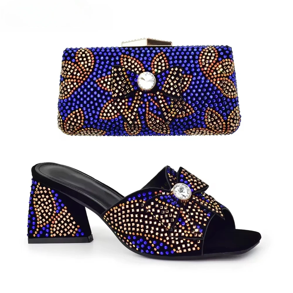 

Latest Nigeria Shoes and Bags Elegant Party Low Heels Nigeria Popular Design African Ladies Shoes and Bag Set with Full Diamond