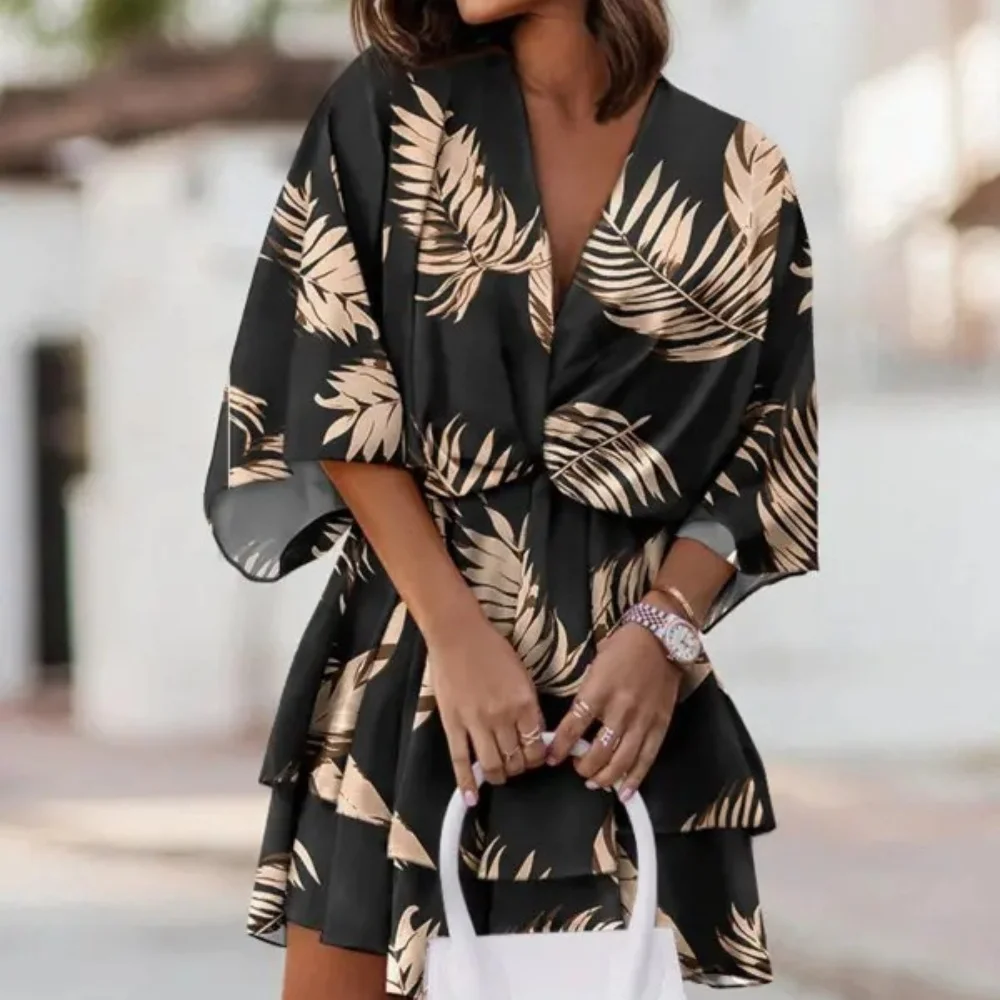 Summer Print Loose Casual Holiday Women\'s Dress Deep V-Neck Batwing Sleeves Sexy Elegant Mini Pleated Fashion Trendy Beach Dress