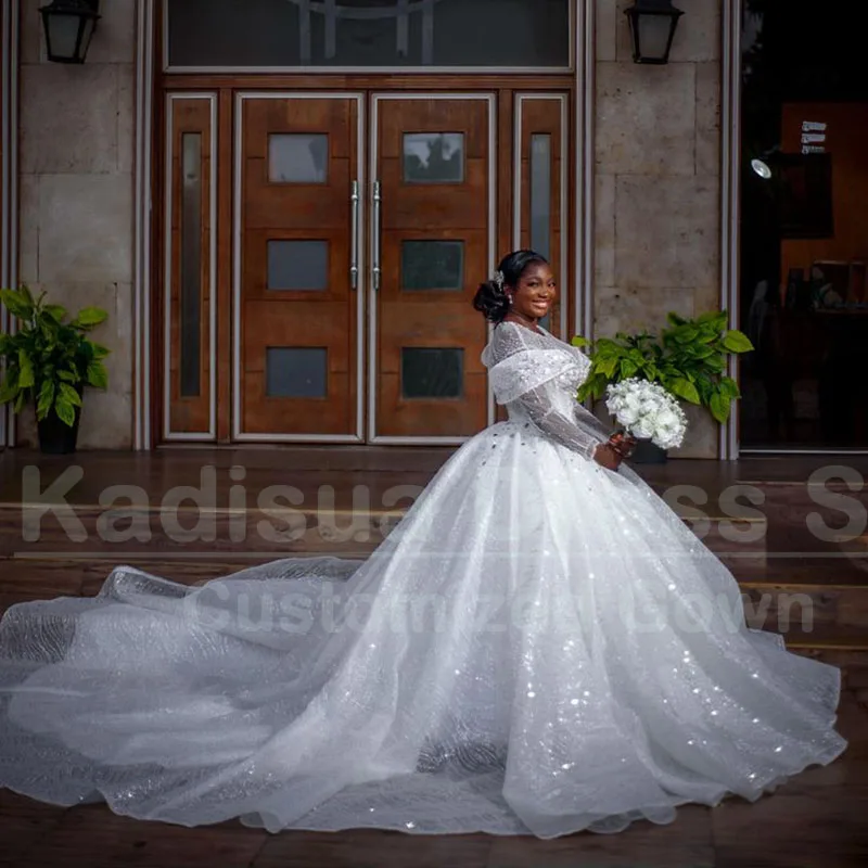 Elegant Bridal Wedding Dresses for Women Luxury Sequined Long Sleeve O-Neck Chapel Train Ball Gowns Formal Occasion Bridal Dress
