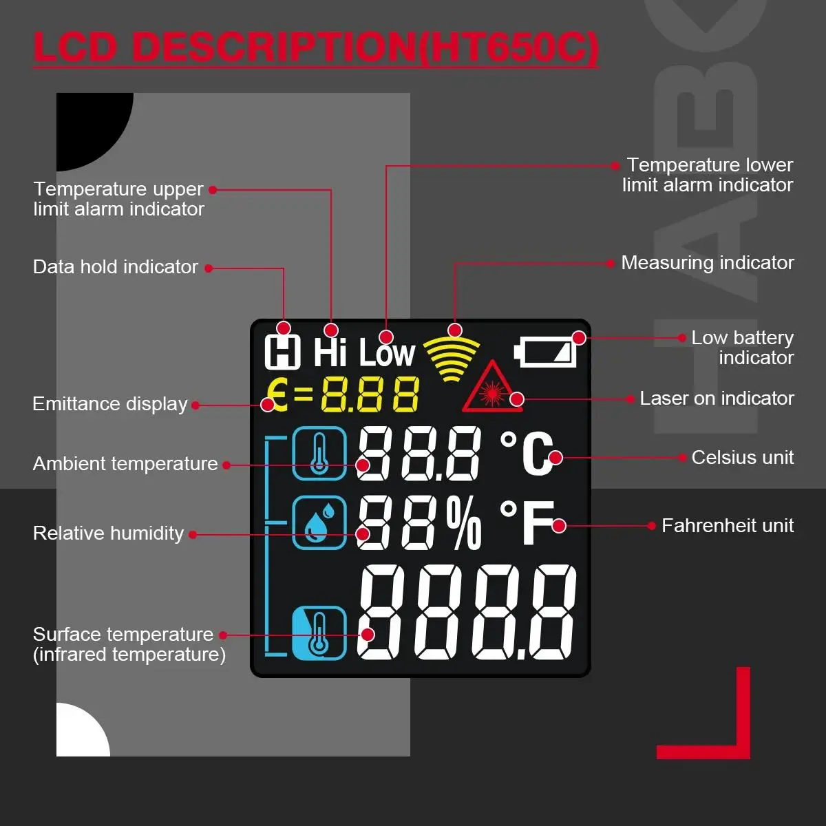 HABOTEST HT650A, HT650B, HT650C Serie Digitale Infrarot-Lasertemperatur Berührungslose industrielle Lasertemperaturmessgerät Temperatu – Detail 9