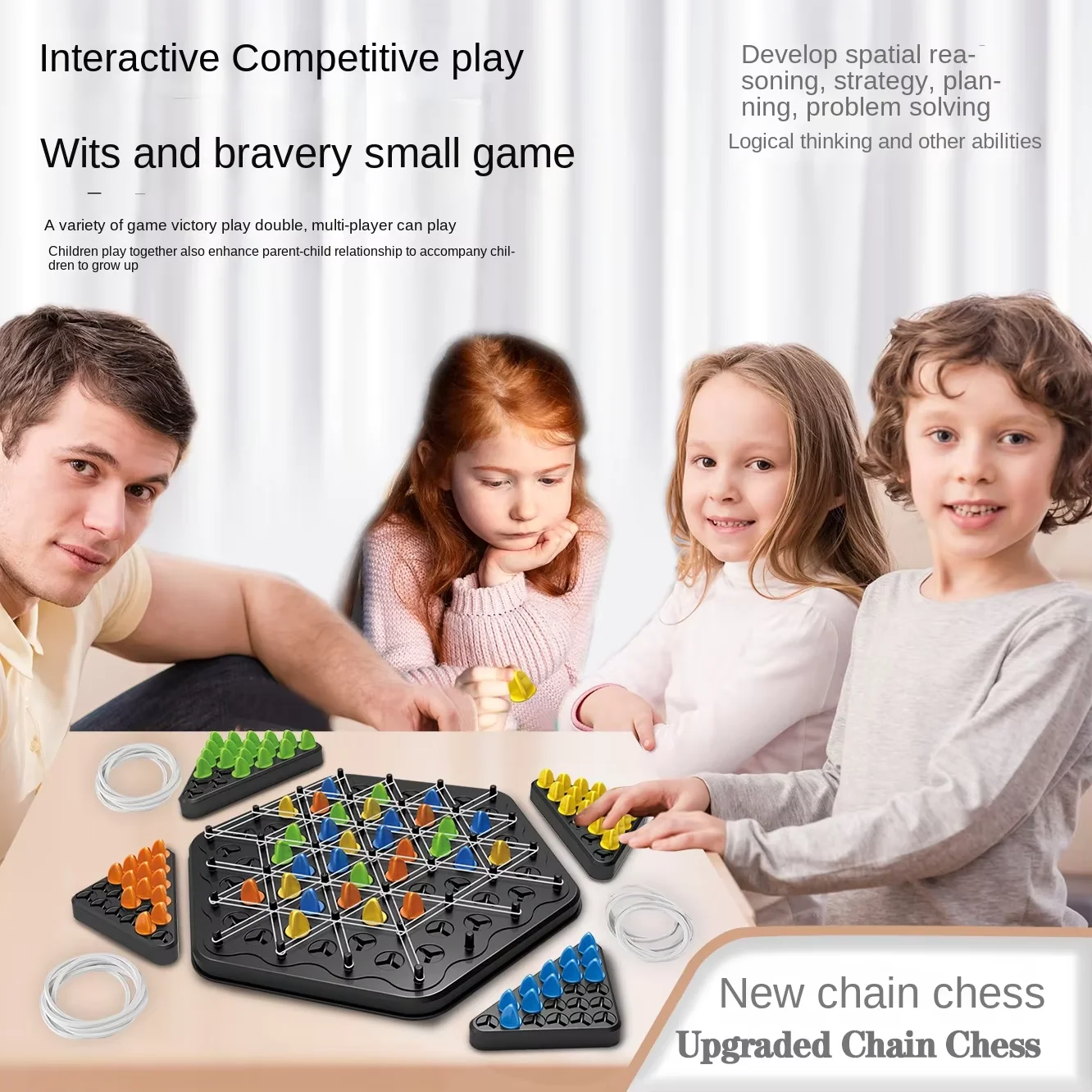 Chain Triangle Chess Game, Triggle Rubber Band Board Game, 2-4 Players Hexagonal Board, Family Party Table Game for Kids/ Adults view 6