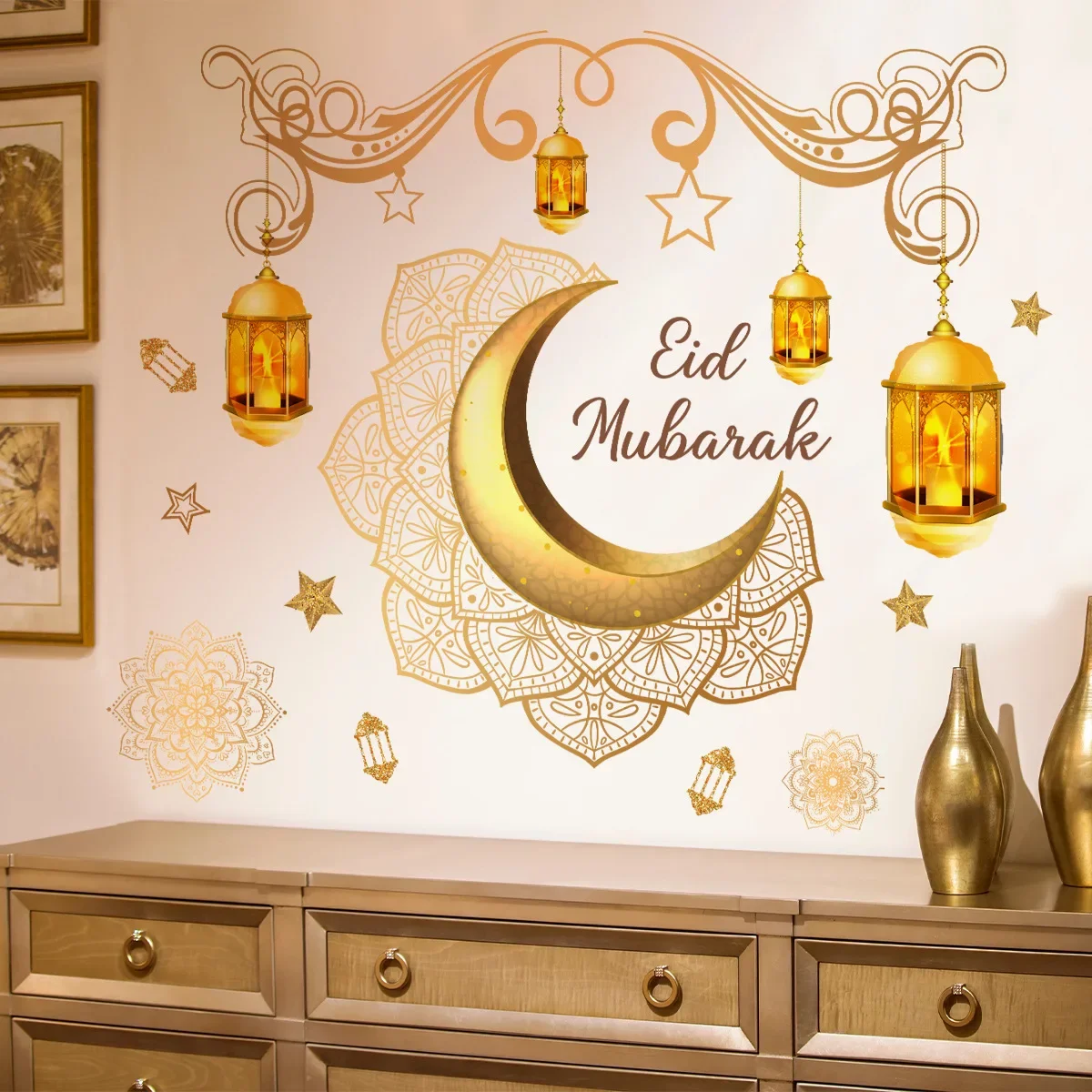 Nueva pegatina de pared Eid Mubarak, Luna dorada, estrella, linterna, calcomanía de pared, decoración de Ramadán 2024, fiesta musulmana islámica, ventana adhesiva