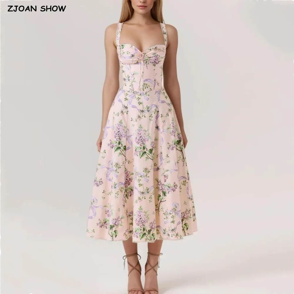 2025 romantische rosa Blumendruck Schleife geraffte BH Brust Sling Kleid Frauen niedrige Taille Falten Swing Spitze Futter Midi lange Kleider Robe