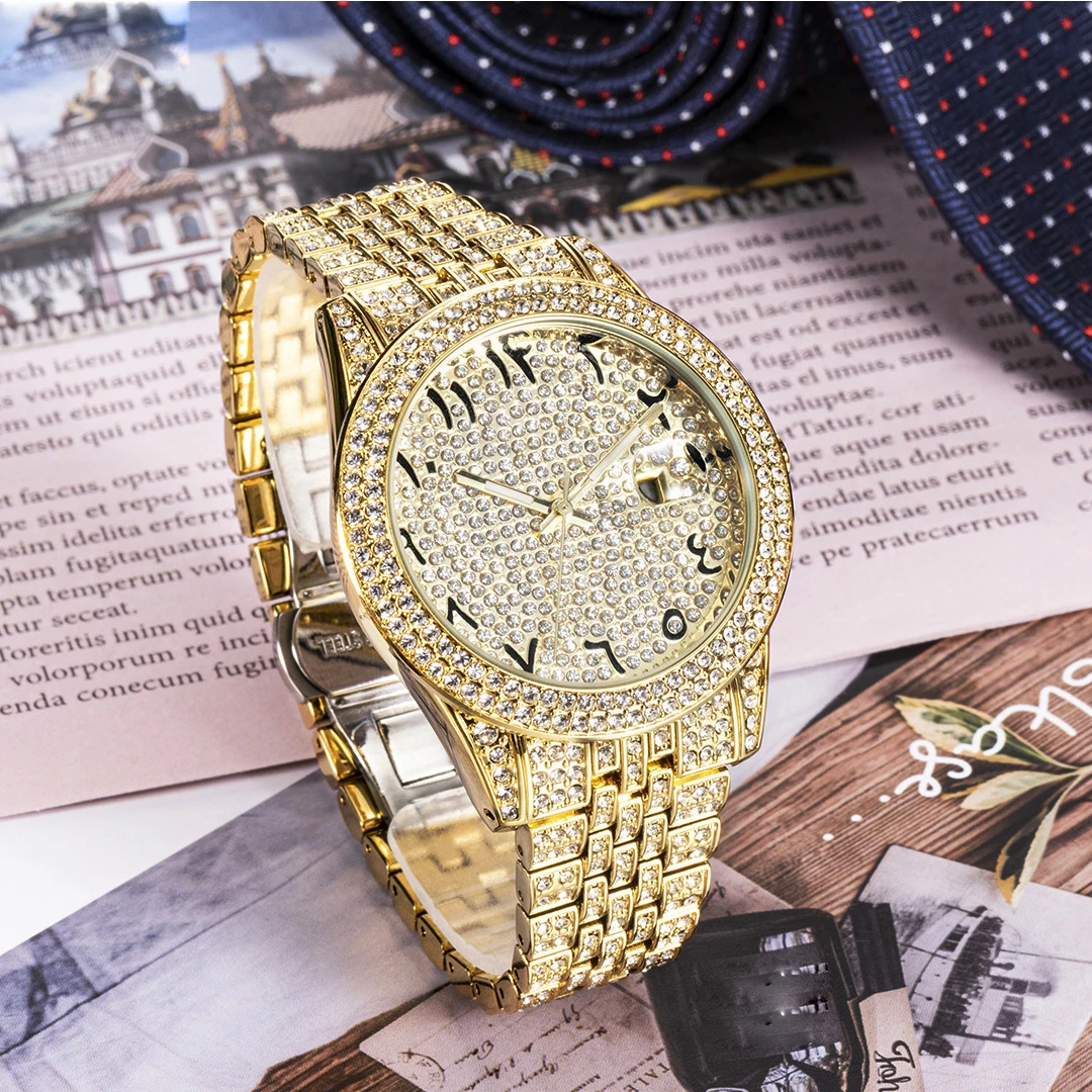 Orologio da polso di alta qualità per uomo donna Orologio al quarzo con pietra piena Lucidatura lucida Orologi gioielli in oro Orologio con data 3 colori