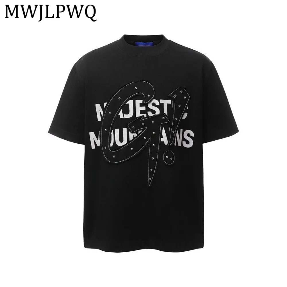 

MWJLPWQ Letter Beaded Spliced Embroidery Short-Sleeve T-Shirt For Men Summer Ins Hip-Hop Trend Heavyweight Casual Tee 14306