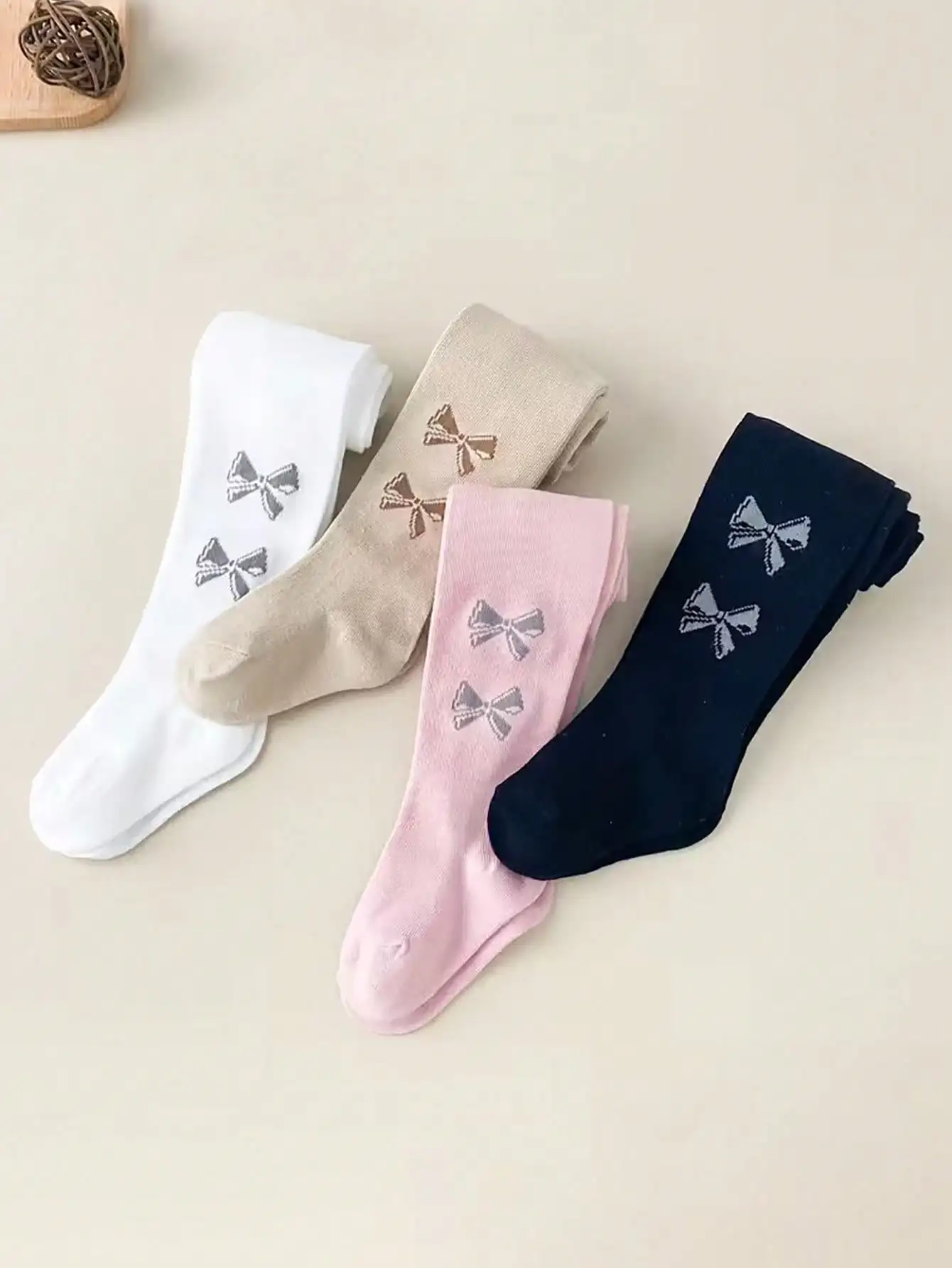 4 Pairs Kids Pantyhoses with Printed Bowknots Decoration, Sweet and Cute Soft Leggings Suitable for Girls' Daily Life in All Seasons