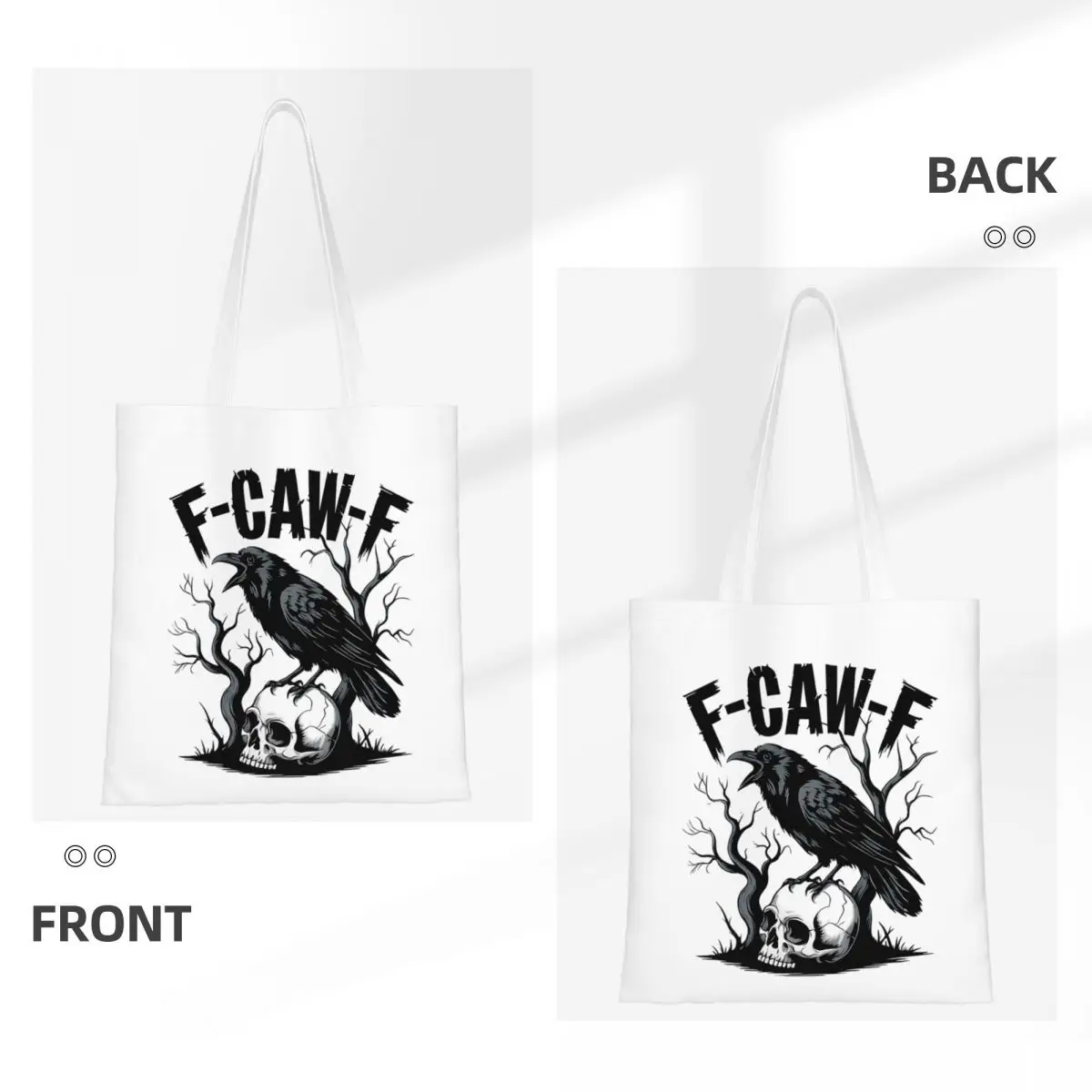 F-Caw-F الأسود الطيور والجمجمة حمل الحقائب النسائية حقيبة يد قماش كلية حقيبة كتف مطبوعة حقيبة تسوق