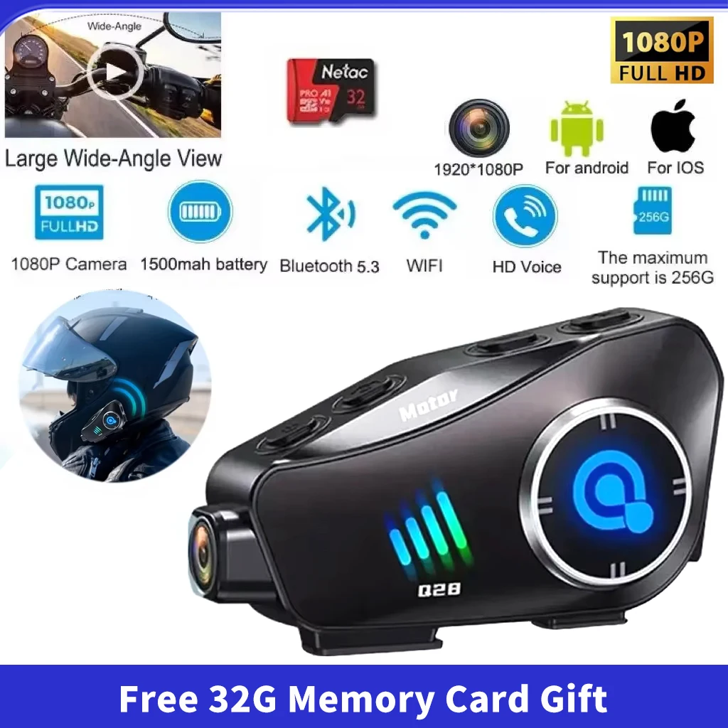 

Motorcycle Helmet Intercom Bluetooth Headset Bt5.3 With Hd Driving Recorder Wireless Camera 1080P Hard Disk Video Accessories