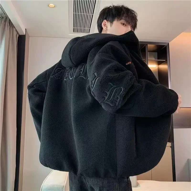 Fleece Jacket Man Causal Loose Zipper Hoodie Fashion Coat Man 2024 Spring Solid Long Sleeves Korean Vintage Outwears