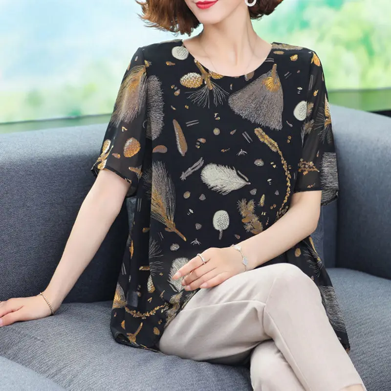 Vintage Loose Printed Stylish Spliced Shirt Women\'s Clothing Commute Round Neck Summer New Casual Short Sleeve Irregular Blouse