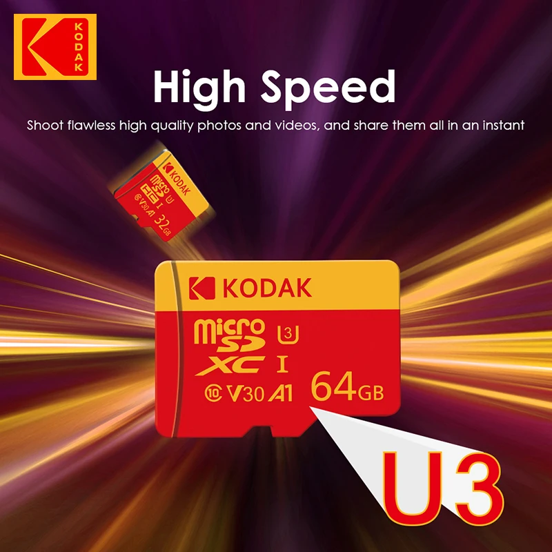 Kodak High-Speed Memory TF-kaart Micro SD-kaart 32GB/64GB/128GB/256GB voor tablets, camera's, telefoons, laptops, autoradiosystemen
