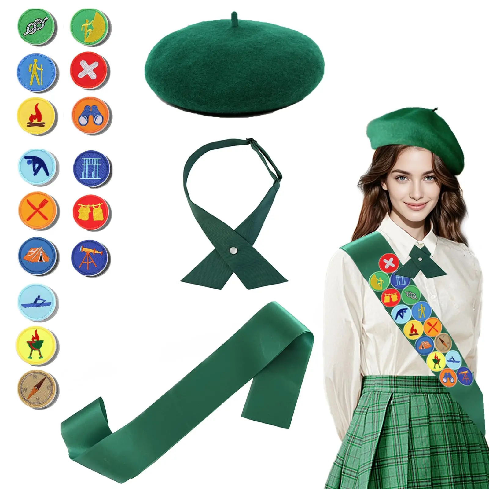 

18pcs Scouts Costume with Morale Badges Patches Satin Sash Beret Bow Tie Halloween Cosplay Army Military Soldier Outfit
