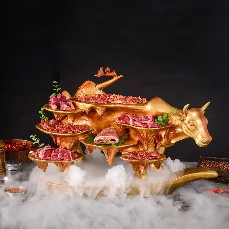 Internet celebrity creative features hot pot plate smoking mist golden cow shape dry ice tableware roast meat plate tray