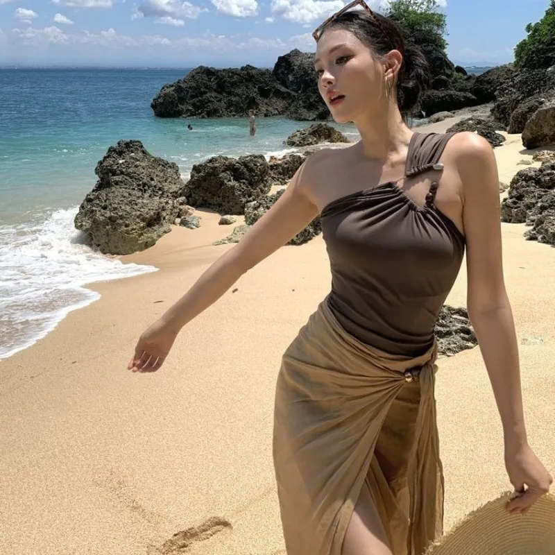 

Solid Color Sexy High-End Swimsuit, European American New One-Shoulder One-Piece Set with Sheer Skirt Cover-Up Bikini