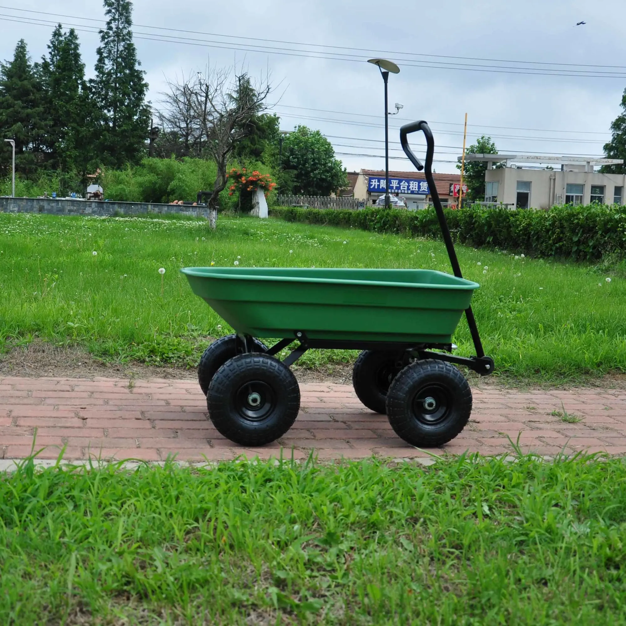 

300 lb capacity body 55L Green Folding car Poly Garden dump truck with steel frame, 10 inches. Pneumatic tire,