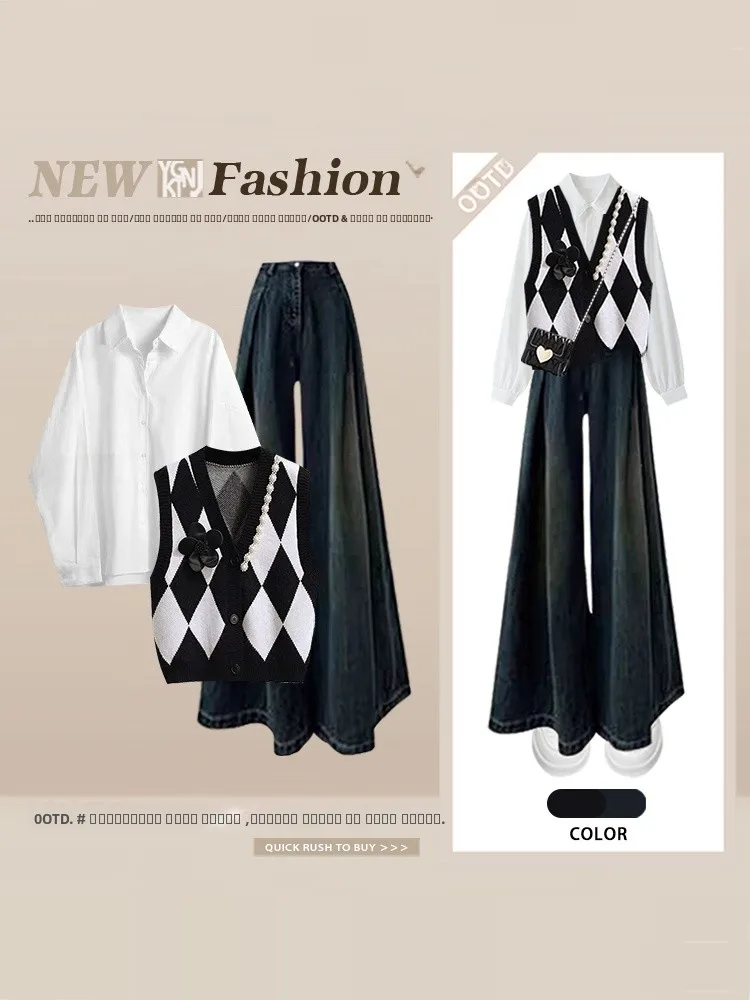 

Women's High Waist Wide Leg Pants Vest irt Tee Piece Set Faionable College Sle Diamond Pattern Spring Season