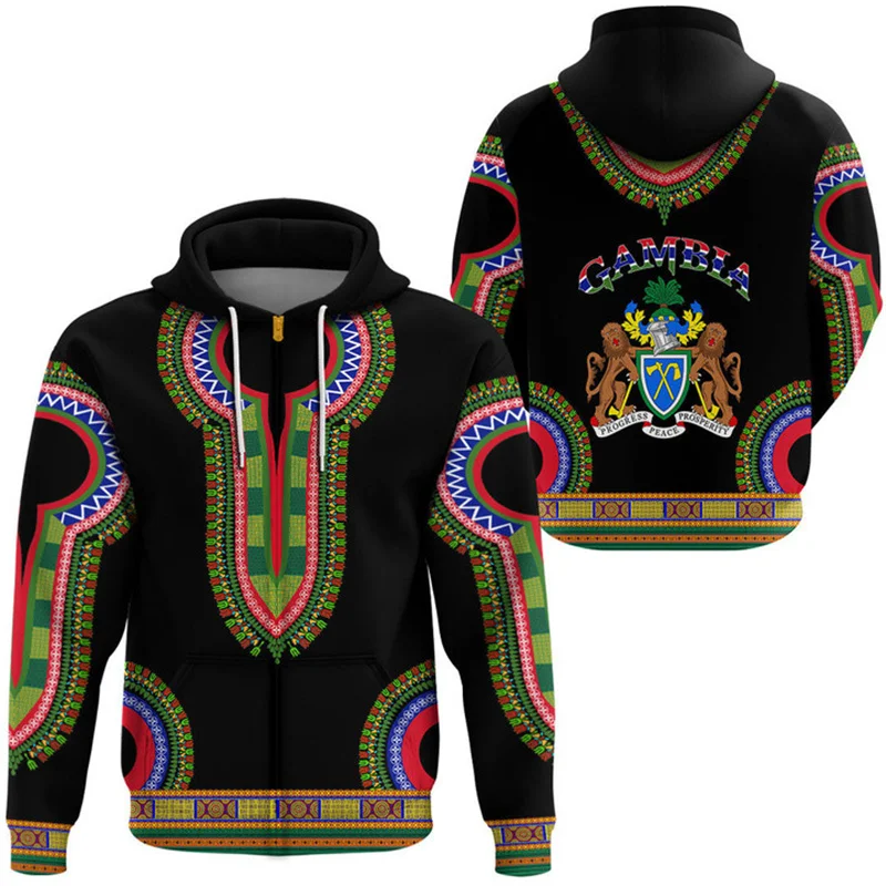 

Vintage 3D African Dashiki Gambia National Flag Rinting Zip Up Hoodies The Republic-f The Gambia Emblem Graphic Zip Hoodie Tops