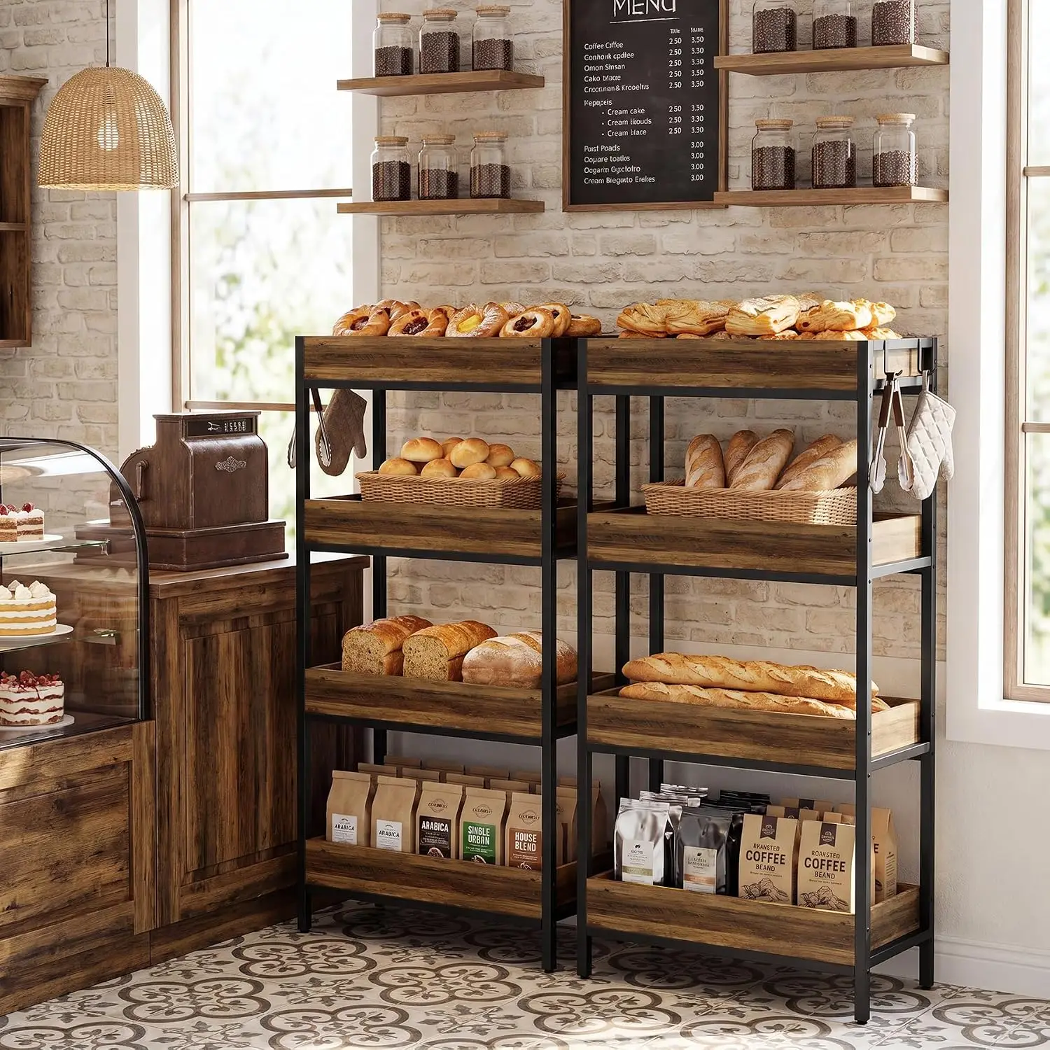 4-Tier Fruit and Vegetable Storage Rack Set of 4, Heavy-Duty Commercial Display Stand, Industrial Storage Shelf with Hooks for R