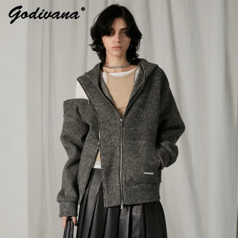 Japanese New Autumn and Winter Personality Multi-zip Trim Cool Wool Jacket Solid Color Women's Hooded Coat Outwear