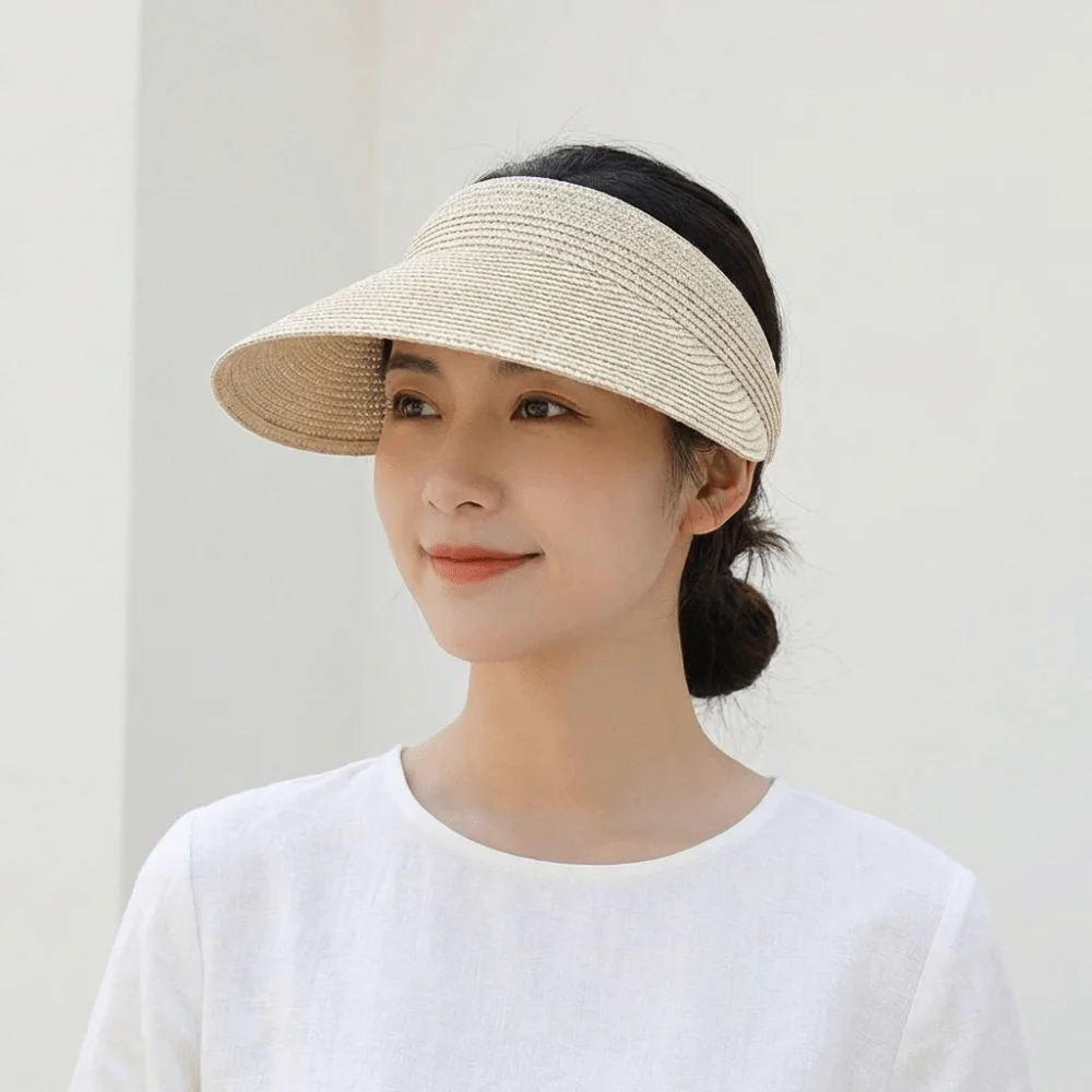 Fashion Solid Color Straw Sun Cap Breathable Adjustable Summer Visors Hat Foldable Empty Top Hat Wide Brim Beach Hat Summer