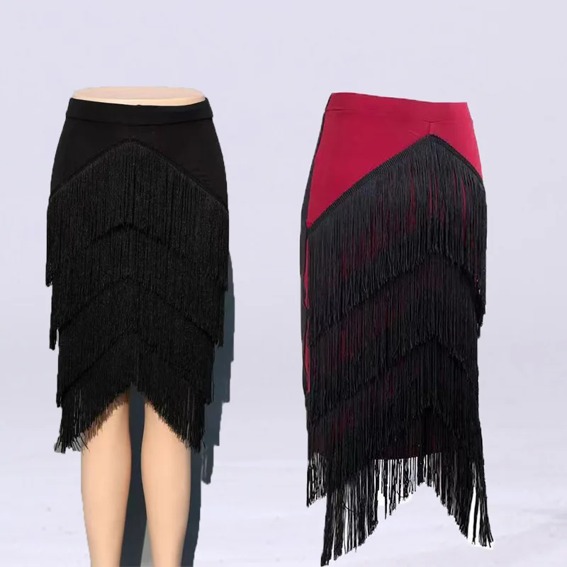 2023 Adult Women Latin Dance Tasse Skirt Lady Tasse L4 Layer Black Red V Fringed Dress Ballroom Stage Performance Dancewear