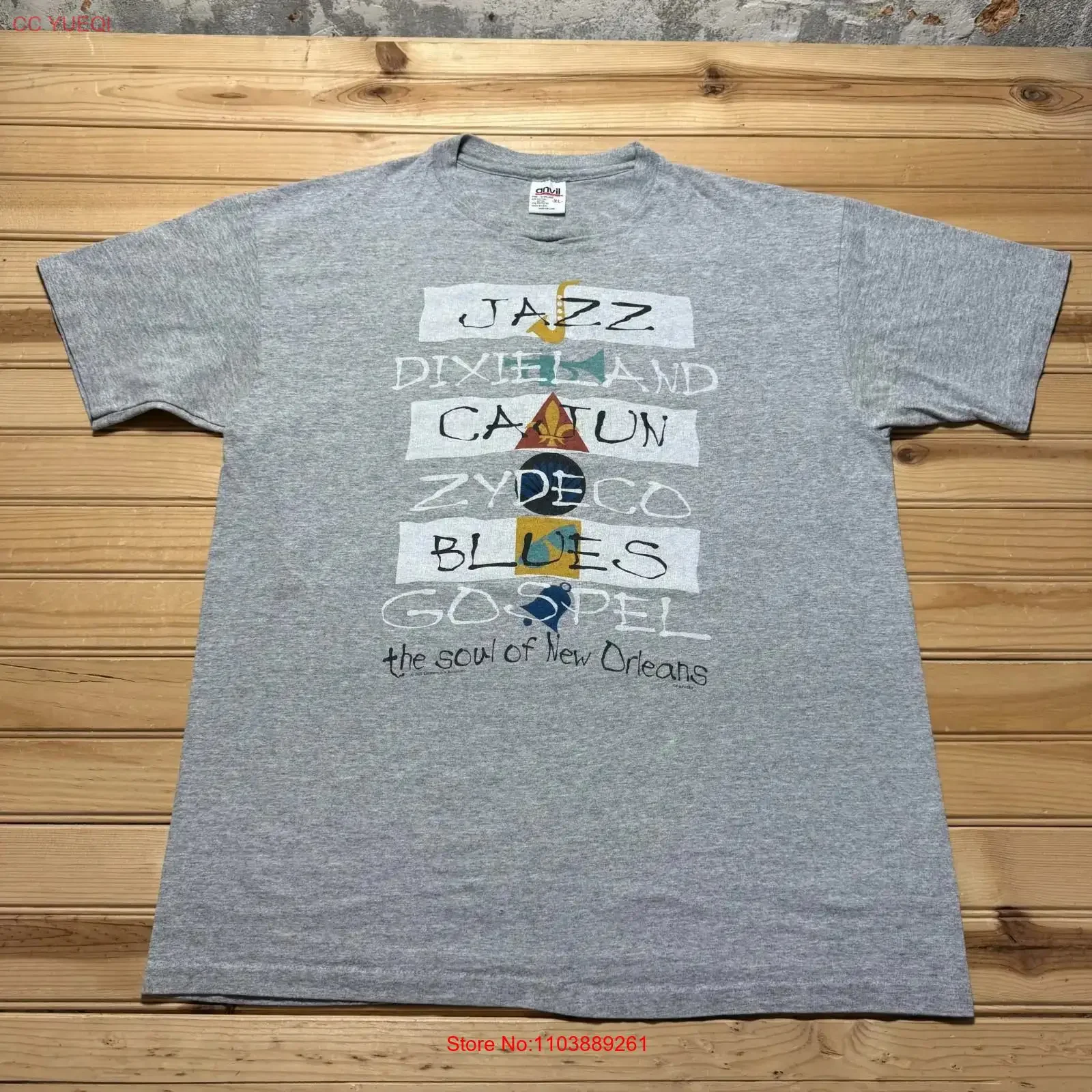 Camiseta vintage de los años 90 de 1995, The Soul of New Orleans Jazz Cajun Blues, camiseta de recuerdo XL, vintage, lavada, unisex, con gráfico de moda, elegante