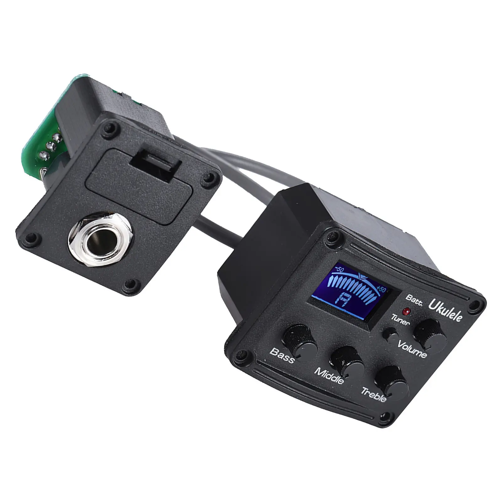 

Пьезо-датчик для укулеле - предусилитель с эквалайзером, ЖК-дисплеем, тюнером, легко читаемым метрономом и цифровой обработкой звука