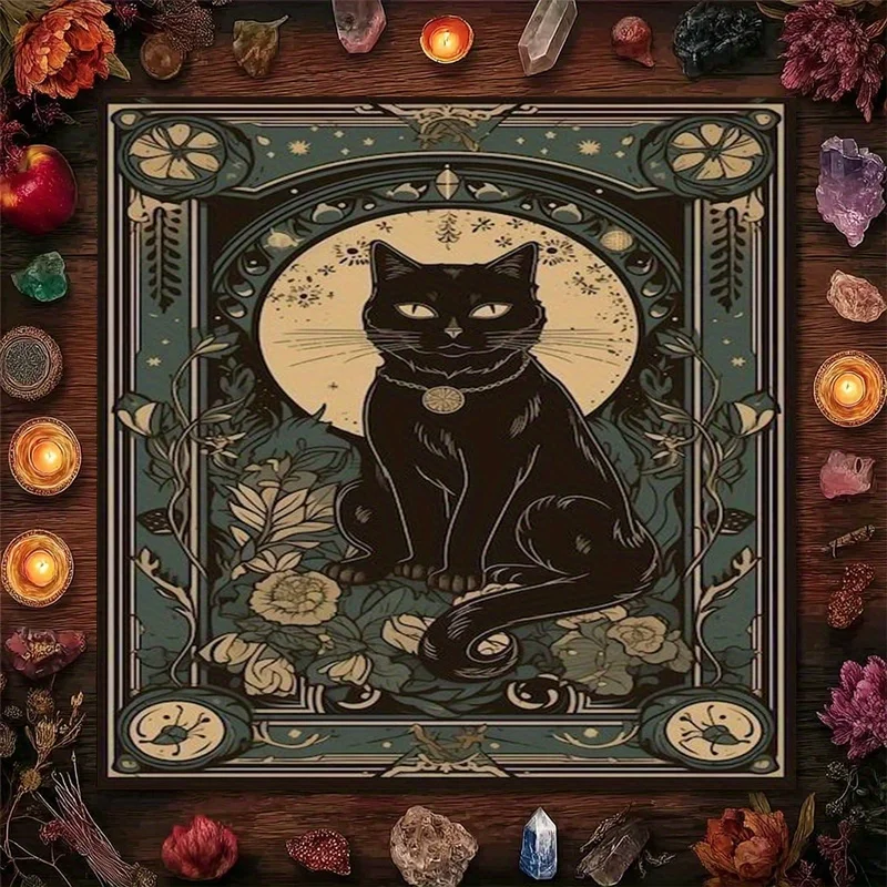 Mystic Black Cat Bohemian Tarot Witchy Aesthetic Square Tablecloth Boho Cottagecore Decor Tapestry 50X50cm 90x90cm