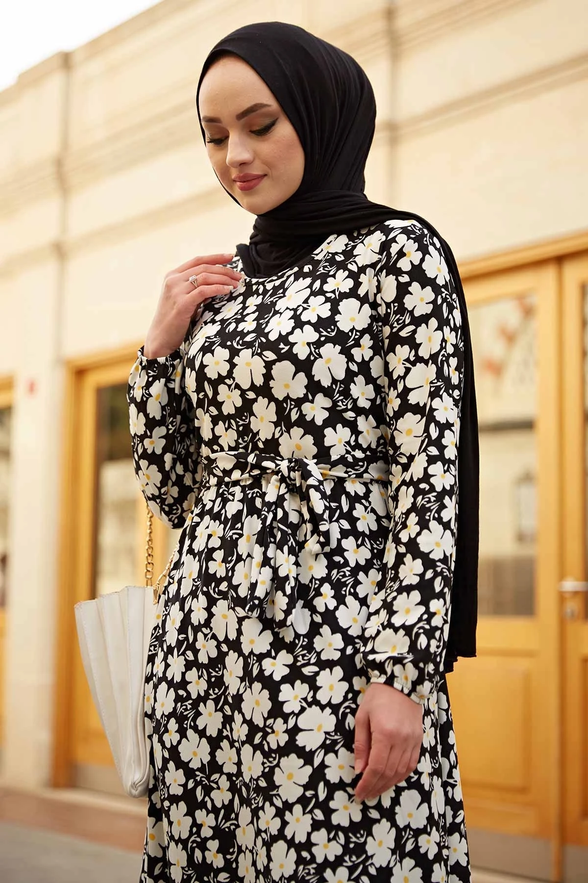 Daisy Print Jurk Sb-Zwart Winter Herfst 2021 Moslim Vrouwen Hijab Hoofddoek Islamitische Turkije