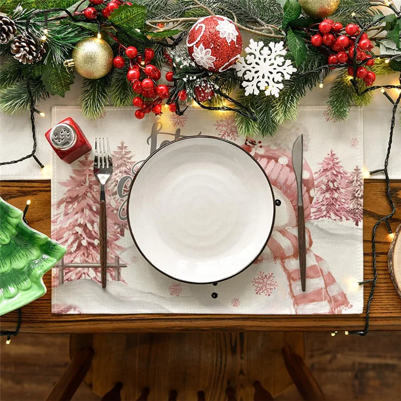 2025 Trend 4PCS Xmas Trees Snow Pink Christmas Placemats Winter Table Mats For Kitchen Dining Decoration