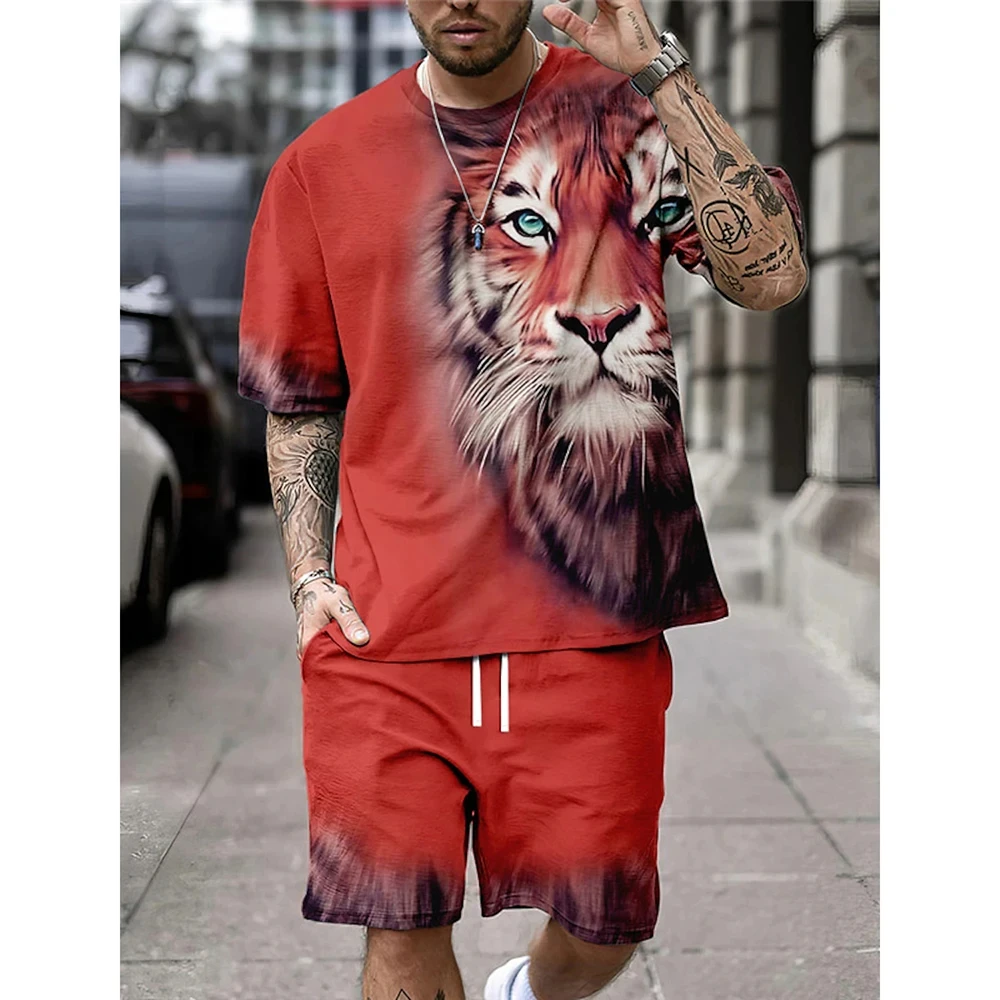 Conjunto de 2 camisetas Vintage para hombre, sudadera con estampado de tigre en 3D, chándales informales de manga corta, Camiseta de cuello redondo,