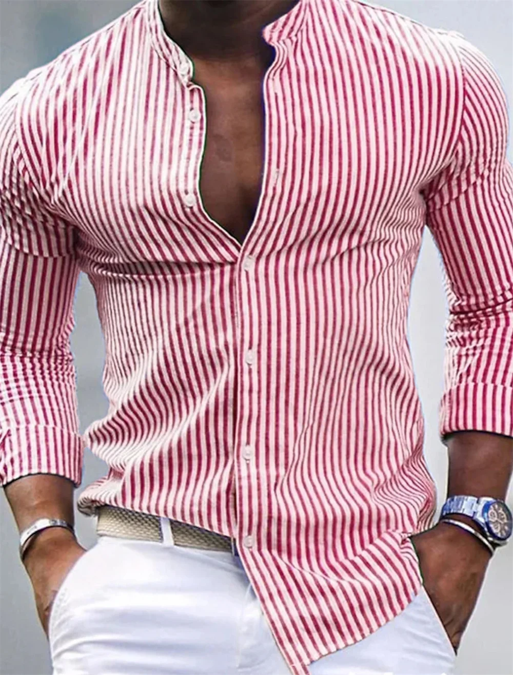 2024 nuova camicia da spiaggia con bottoni Casual da uomo a maniche lunghe colletto in piedi a righe abbigliamento da festa hawaiano stampato Top S-6XL